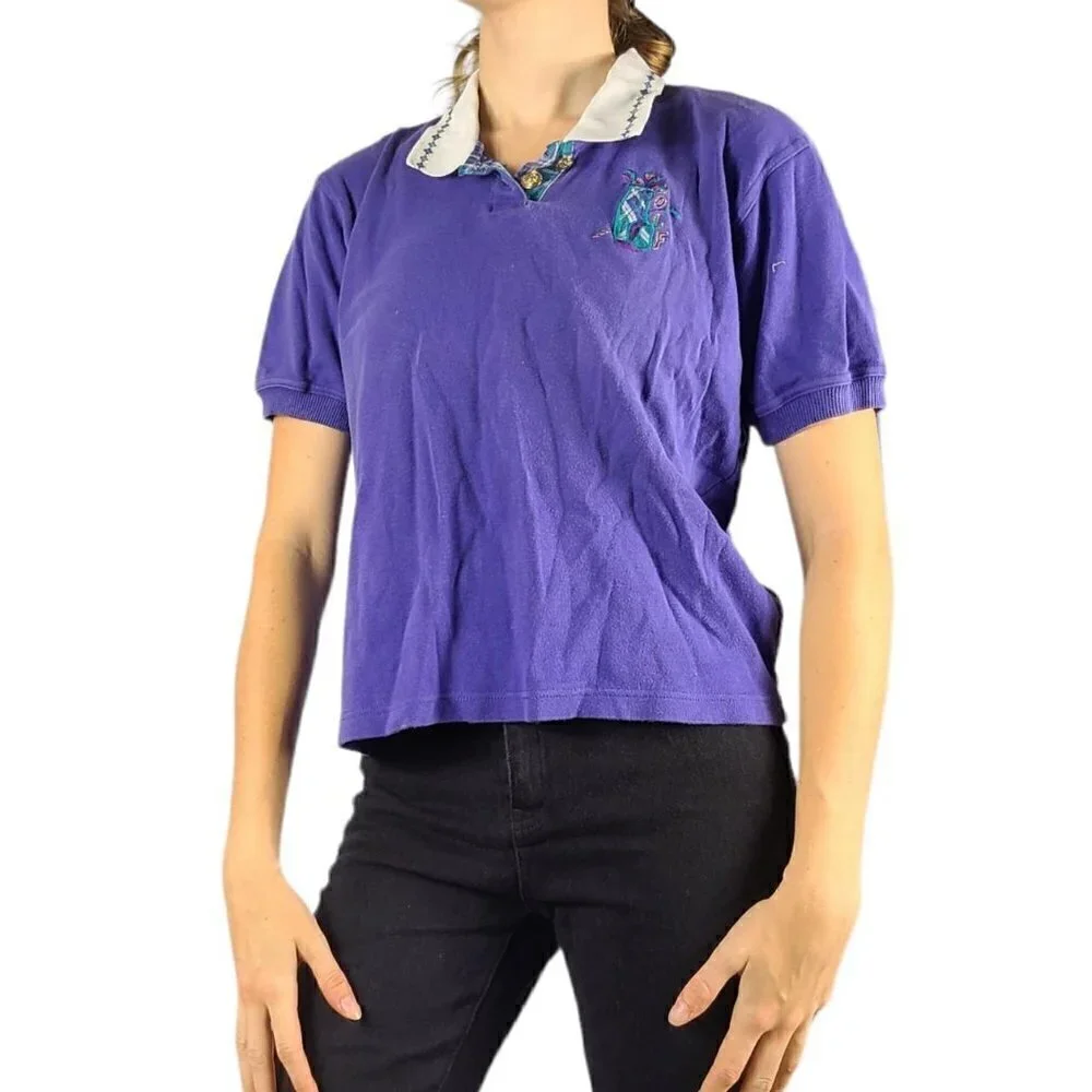 Vintage Retro Embroidered Purple Golf Polo Shirt